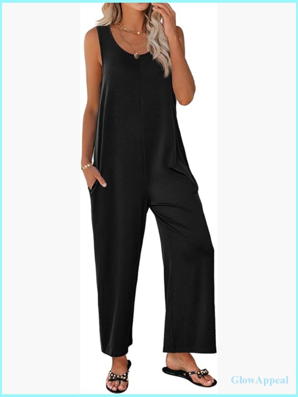 Sleeveless Jumpsuit Casual Summer Scoop Neck Tank Rompers Wide Leg Pants with